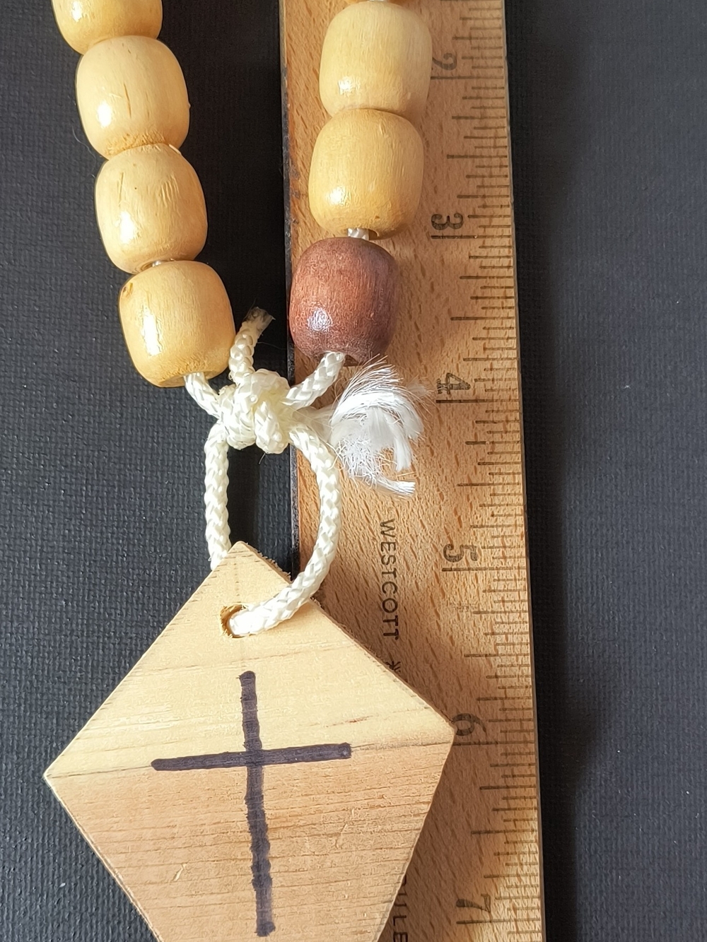Natural Wood Bead  with Cross Pendant - Cream and Brown